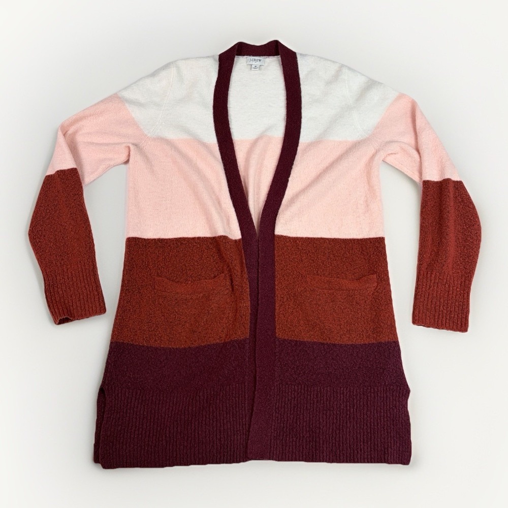 J. Crew Women's Color Block‎ Open Long Cardigan Sweater Sz M Pockets Wool Blend